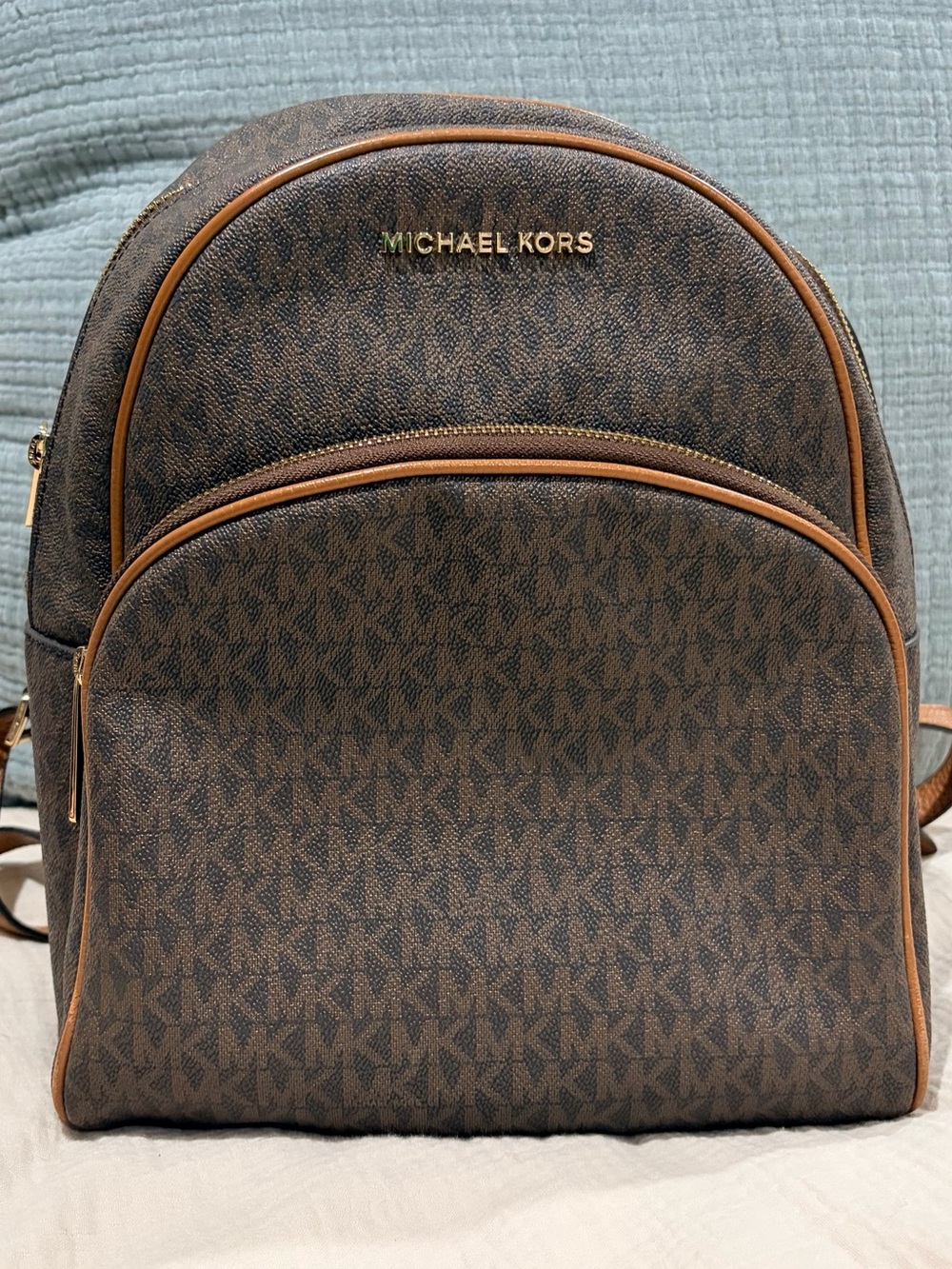 Michael Kors Brown Monogram Logo Backpack with Tan Trim